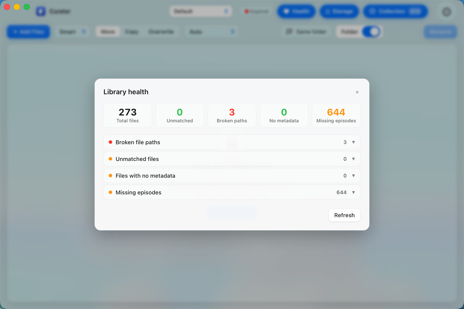 Curator's library-health dashboard and storage analytics