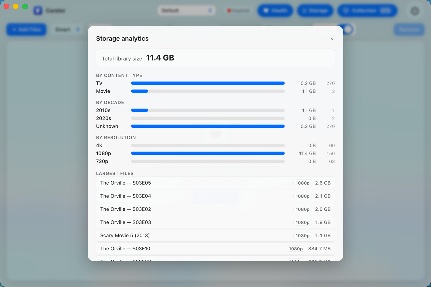 Curator's library-health dashboard and storage analytics
